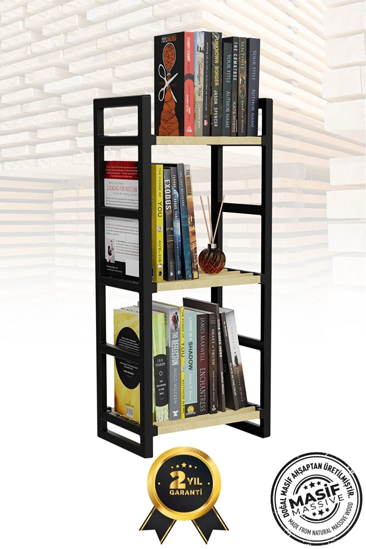 3 Katlı Siyah Masif Ahşap Kitaplık
