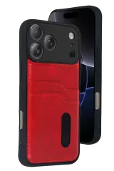Newface Apple İphone 17 Pro Max Sara Kartvizitli Deri Kılıf - Kırmızı