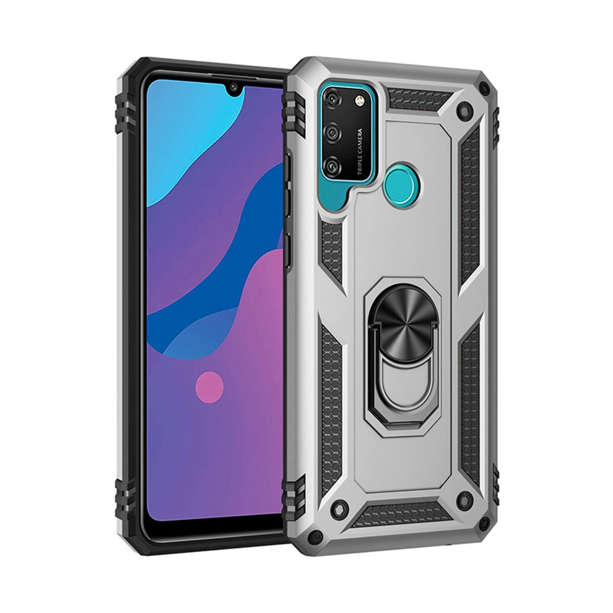 Huawei Y6p Kılıf Sofya Yüzüklü Silikon Kapak - Gümüş