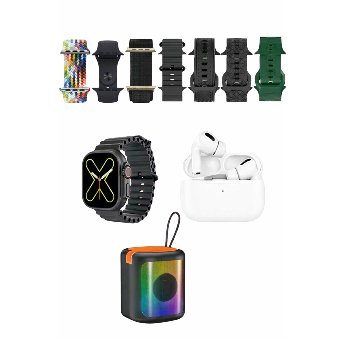 K28 Kombo 7 Adet Kordon Akıllı Saat Airpods Kulaklık Kablosuz Hoparlör Set - Siyah