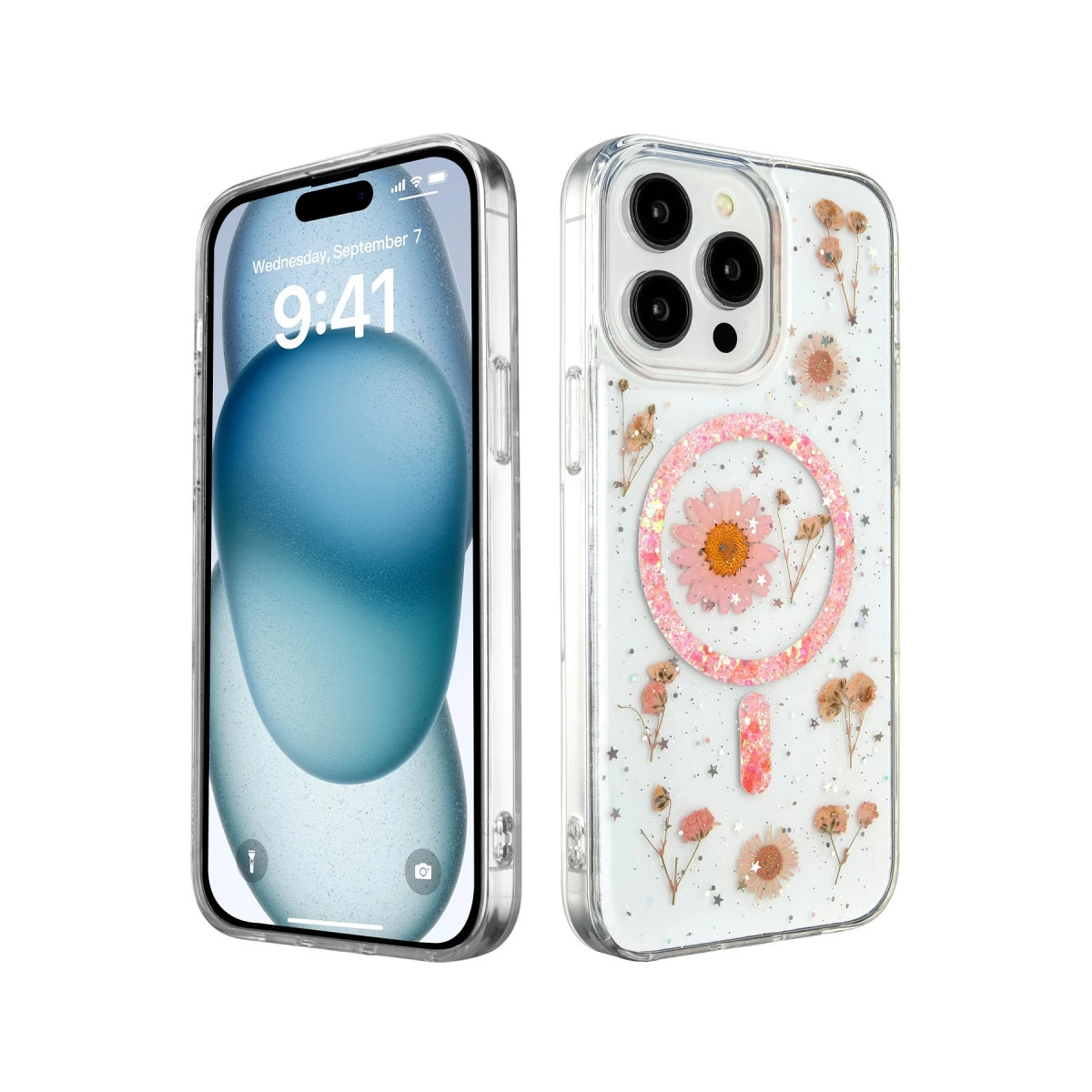İphone 14 Pro Max Kılıf Daisy Simli Magsafe Kapak - Pembe