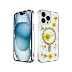 İphone 15 Pro Kılıf Daisy Simli Magsafe Kapak - Gold
