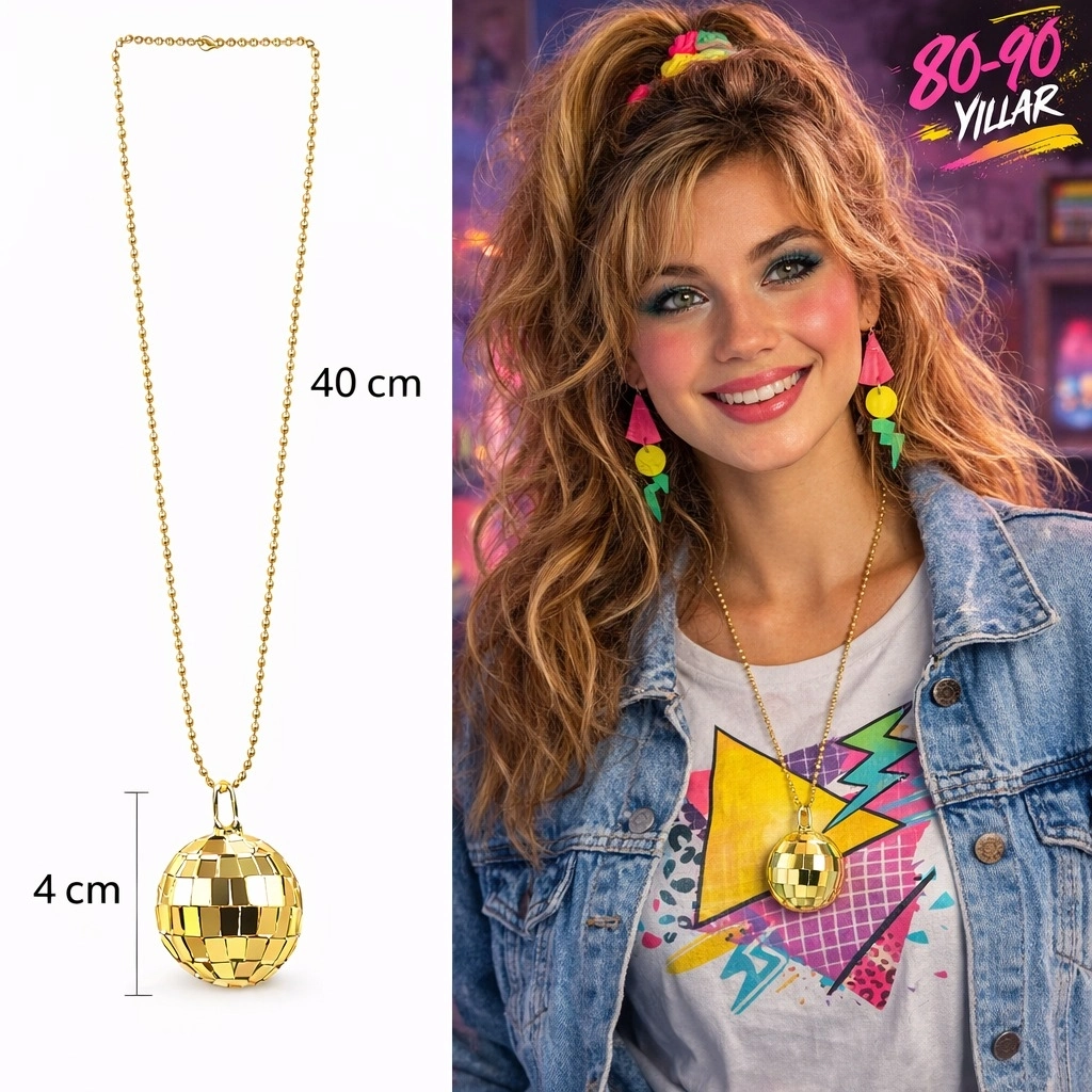 Retro Disko Topu Şekilli 8039ler 9039lar Altın Renk Plastik Kolye