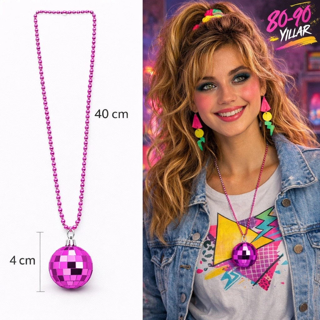 Retro Disko Topu Şekilli 8039ler 9039lar Fuşya Pembe Renk Plastik Kolye