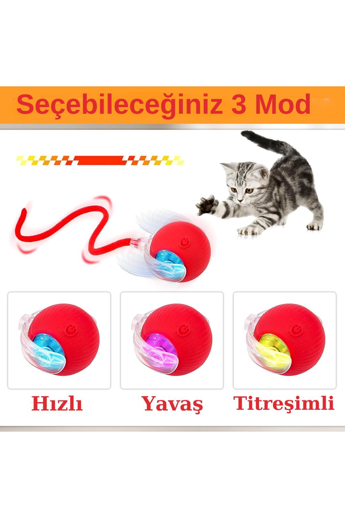 Hareketli Şarjlı Işıklı 360 Derece Dönen Akıllı Oyun Topu Kuyruklu İnteraktif Kedi Köpek Oyun Topu