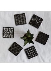 Desenli Ahşap Bardak Altlığı 6 Adet 7 x 7 Siyah Renk