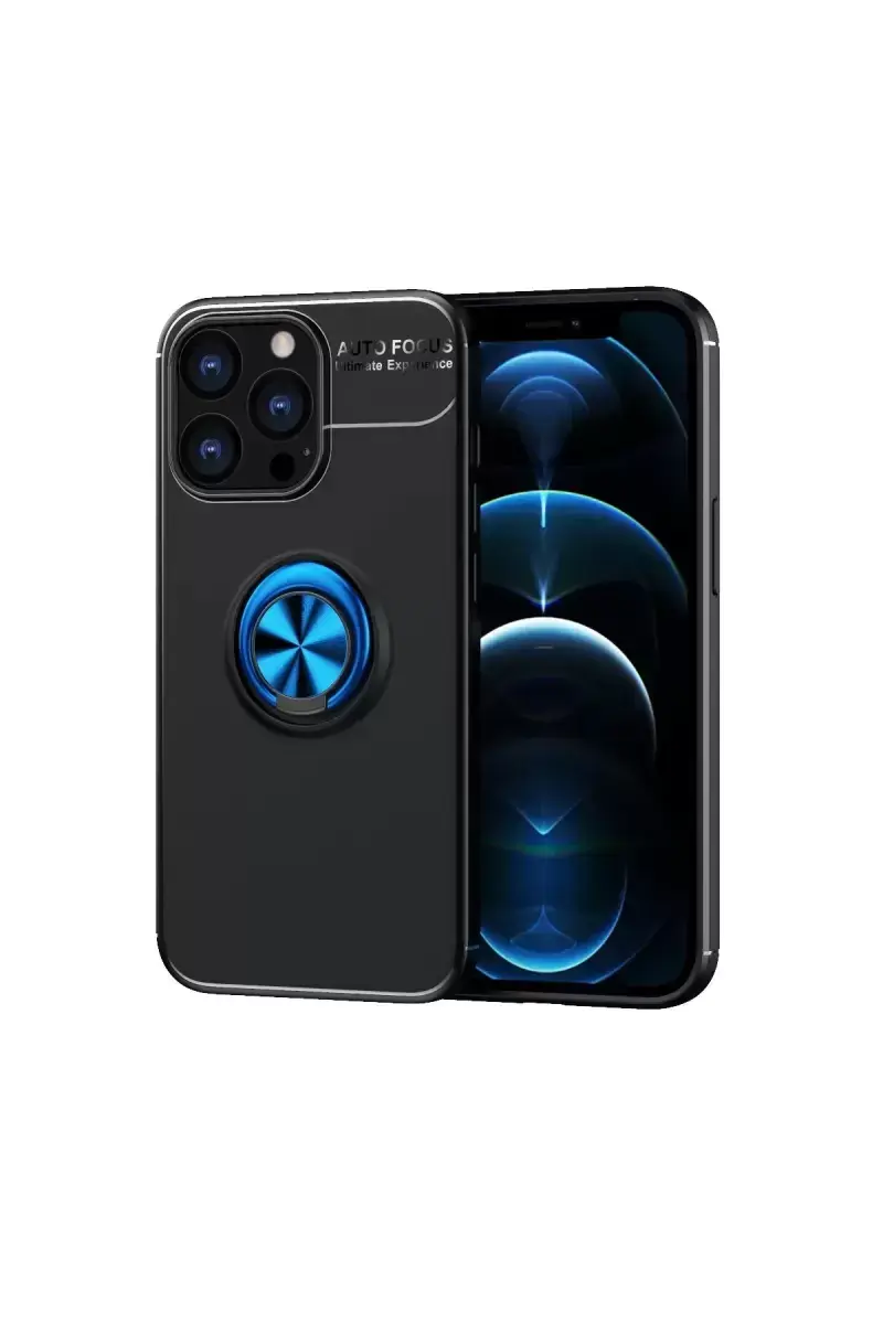 Newface İphone 13 Pro Max Kılıf Range Yüzüklü Silikon - Siyah-mavi