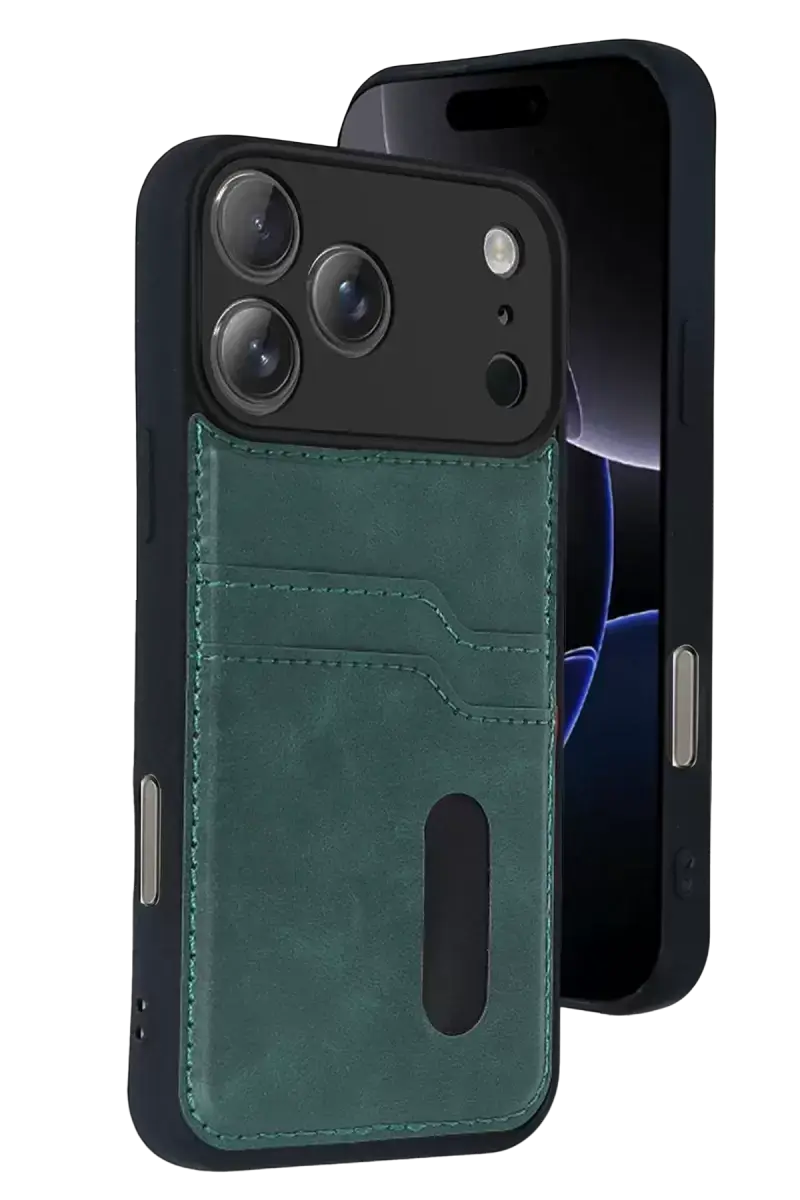 Newface Apple İphone 17 Pro Sara Kartvizitli Deri Kılıf - Yeşil