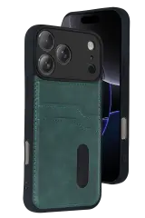 Newface Apple İphone 17 Pro Sara Kartvizitli Deri Kılıf - Yeşil