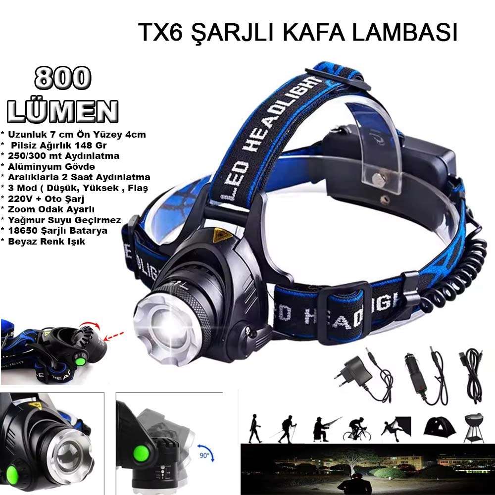 800 Lümen Tx6 Şarjlı Zoomlu Kafa Feneri Wt-120