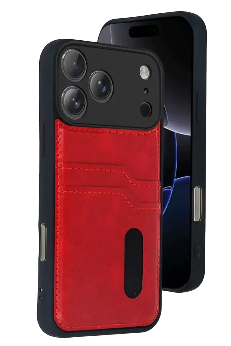Newface Apple İphone 17 Pro Max Sara Kartvizitli Deri Kılıf - Kırmızı