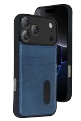 Newface Apple İphone 17 Pro Max Sara Kartvizitli Deri Kılıf - Lacivert