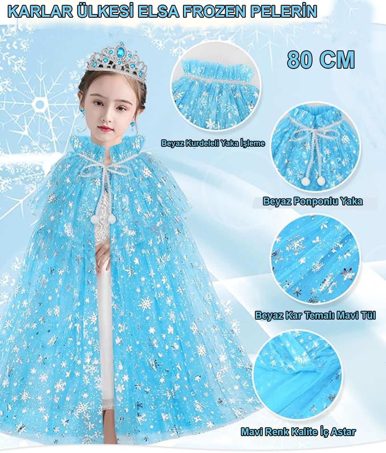 Karlar Ülkesi Elsa Frozen Mavi Pelerin – 80 Cm Çocuk Pelerini