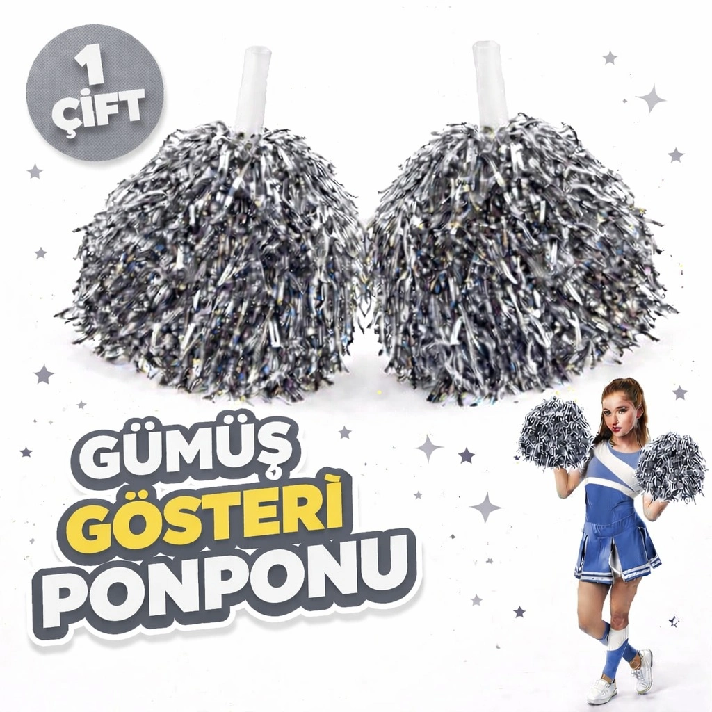 1 Çift ( 2 Adet ) Gümüş Renk 23 Nisan 19 Mayıs 29 Ekim Okul Gösteri Ponponları Ekstra Dolgun
