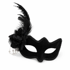 Beyaz İnci Detaylı Siyah Süet Venedik Kadın Maskesi Tüylü Güllü