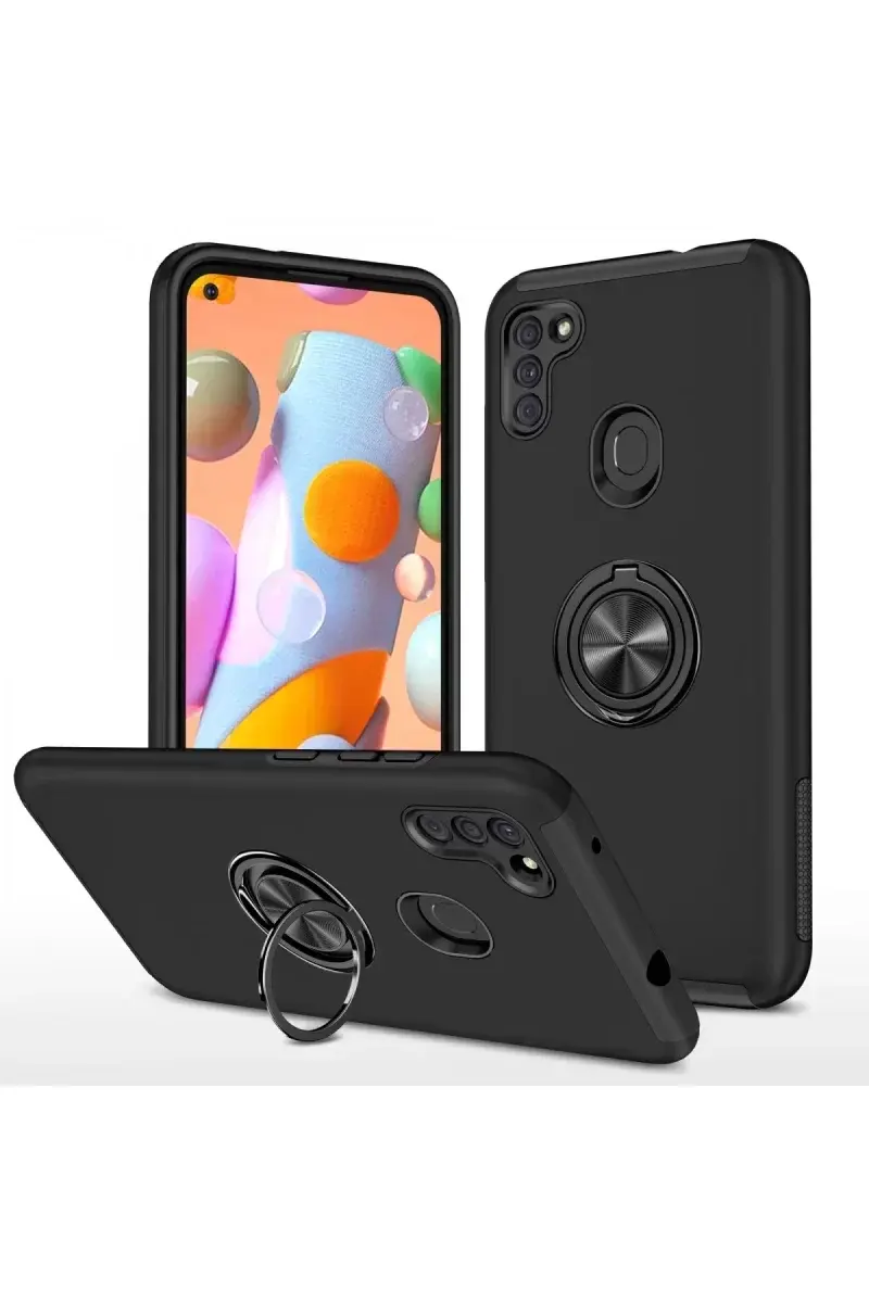 Newface Samsung Galaxy A11 Kılıf Elit Yüzüklü Kapak - Siyah
