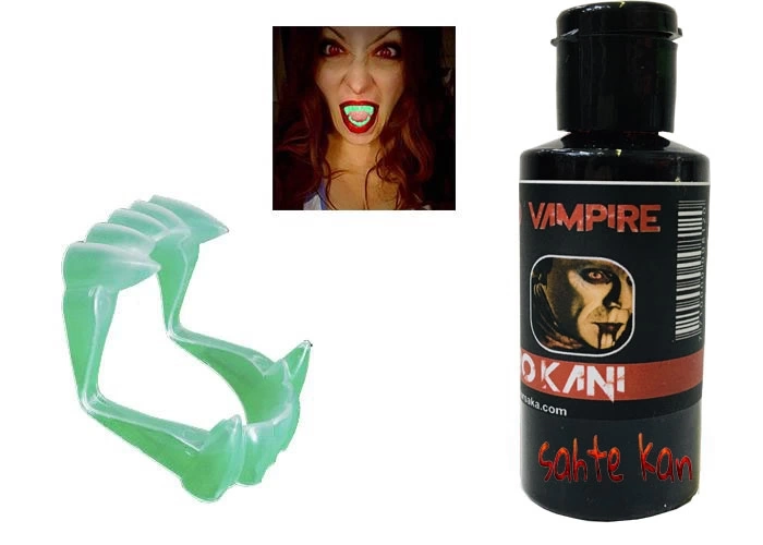 Fosforlu Çift Damak Takma Vampir Dişi Ve 50 Gr Tiyatro Kanı