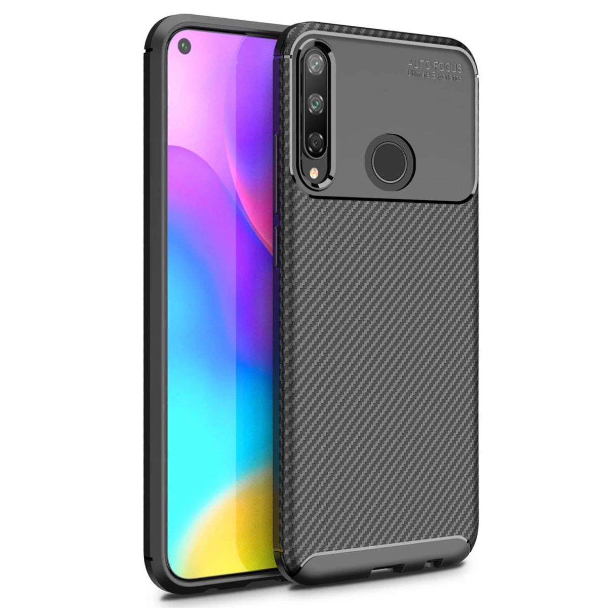 Huawei P40 Lite E Kılıf Auto Focus Karbon Kapak - Siyah