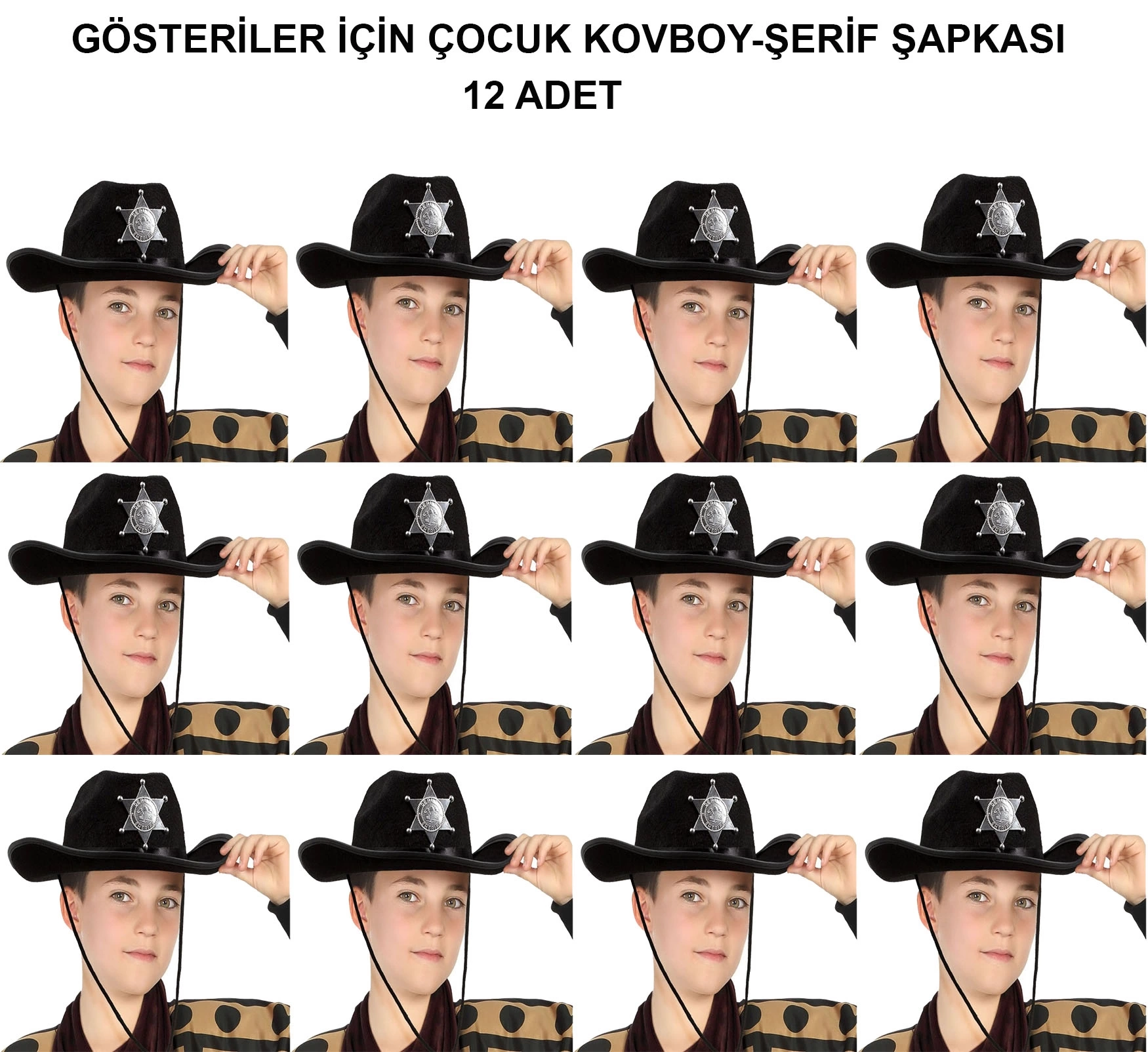Kovboy Şerif Şapkası Siyah 12 Adet - Kostüm, Parti Ve Gösteri Şapkası