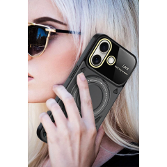 İphone 16 Kılıf Joy Lens Standlı Kapak - Siyah