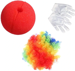 Rengarenk Palyaço Peruk Beyaz Eldiven Kırmızı Sünger Burun Palyaço Seti 3 Parça