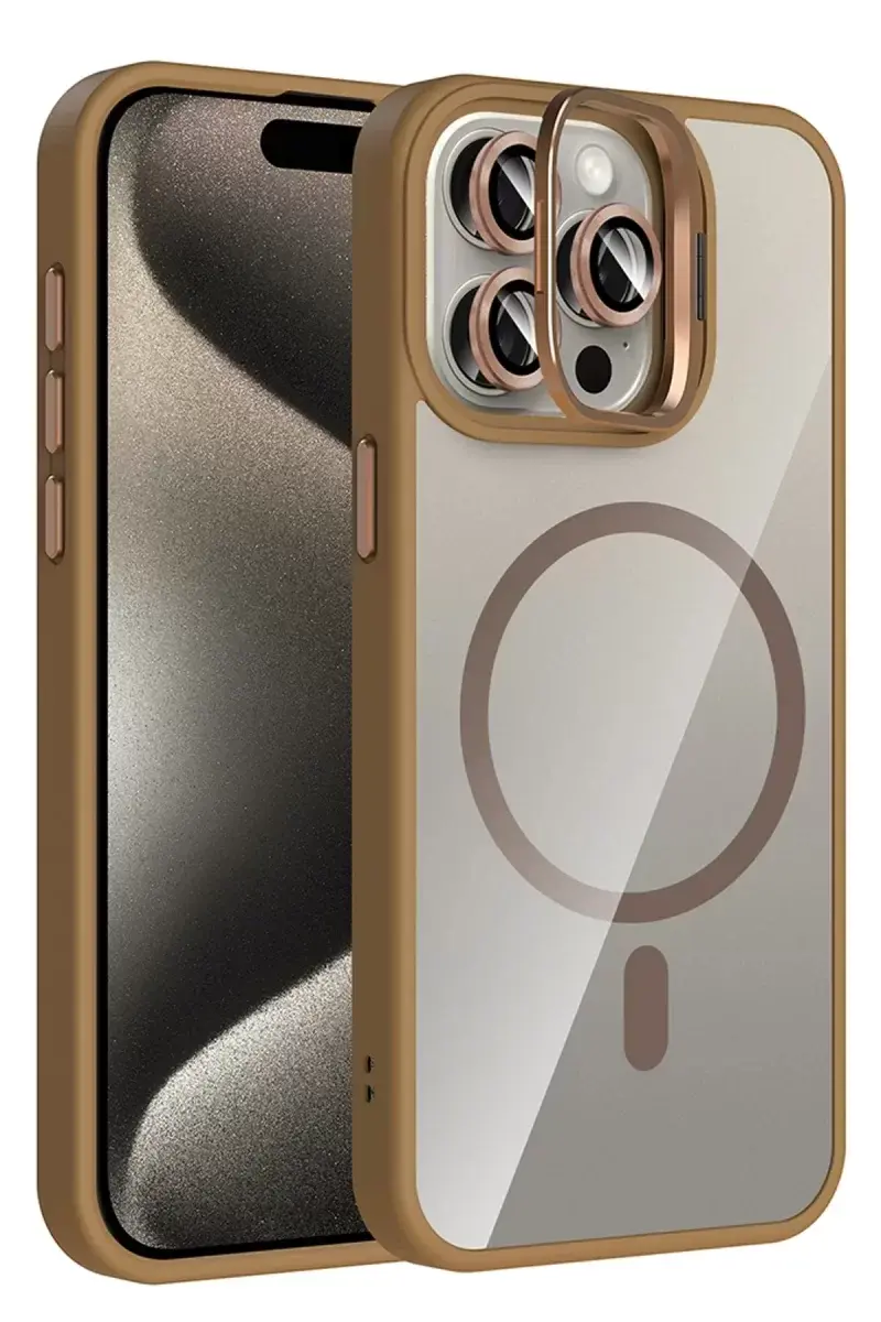 Joko Apple İphone 15 Pro Max Remim Lensli Magsafe Standlı Kapak - Kahverengi