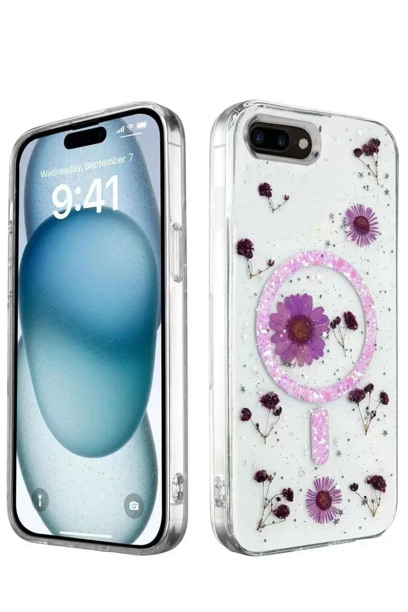 Newface İphone 7 Plus Kılıf Daisy Simli Magsafe Kapak - Mor