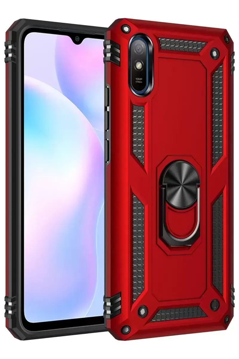 Newface Xiaomi Redmi 9a Kılıf Sofya Yüzüklü Silikon Kapak - Kırmızı