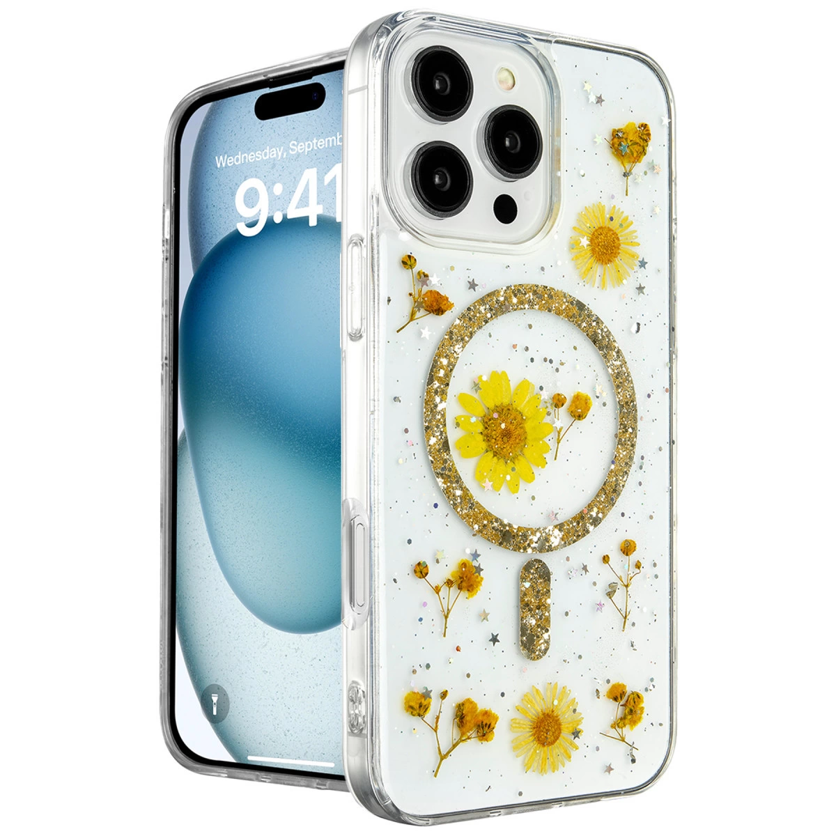 İphone 16 Pro Max Kılıf Daisy Simli Magsafe Kapak - Gold