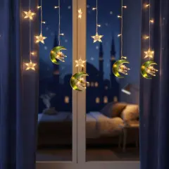 3 Mt Fişli Yeşil Hilal Cami Yıldız Ramazan Perde Led