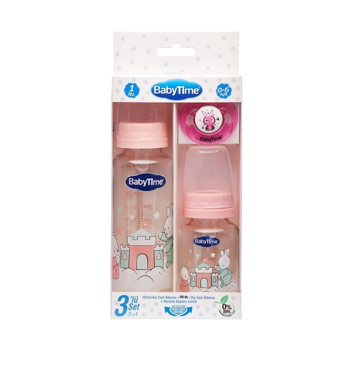 Baby Time BT207 3lü Cam Biberon Seti 0-6 Ay - Pembe