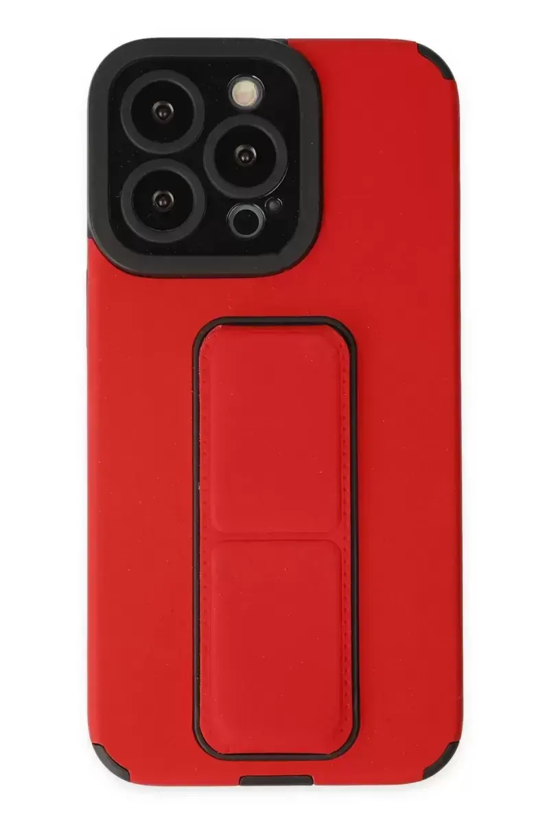 Newface Apple İphone 13 Pro Kılıf Mega Standlı Silikon - Kırmızı