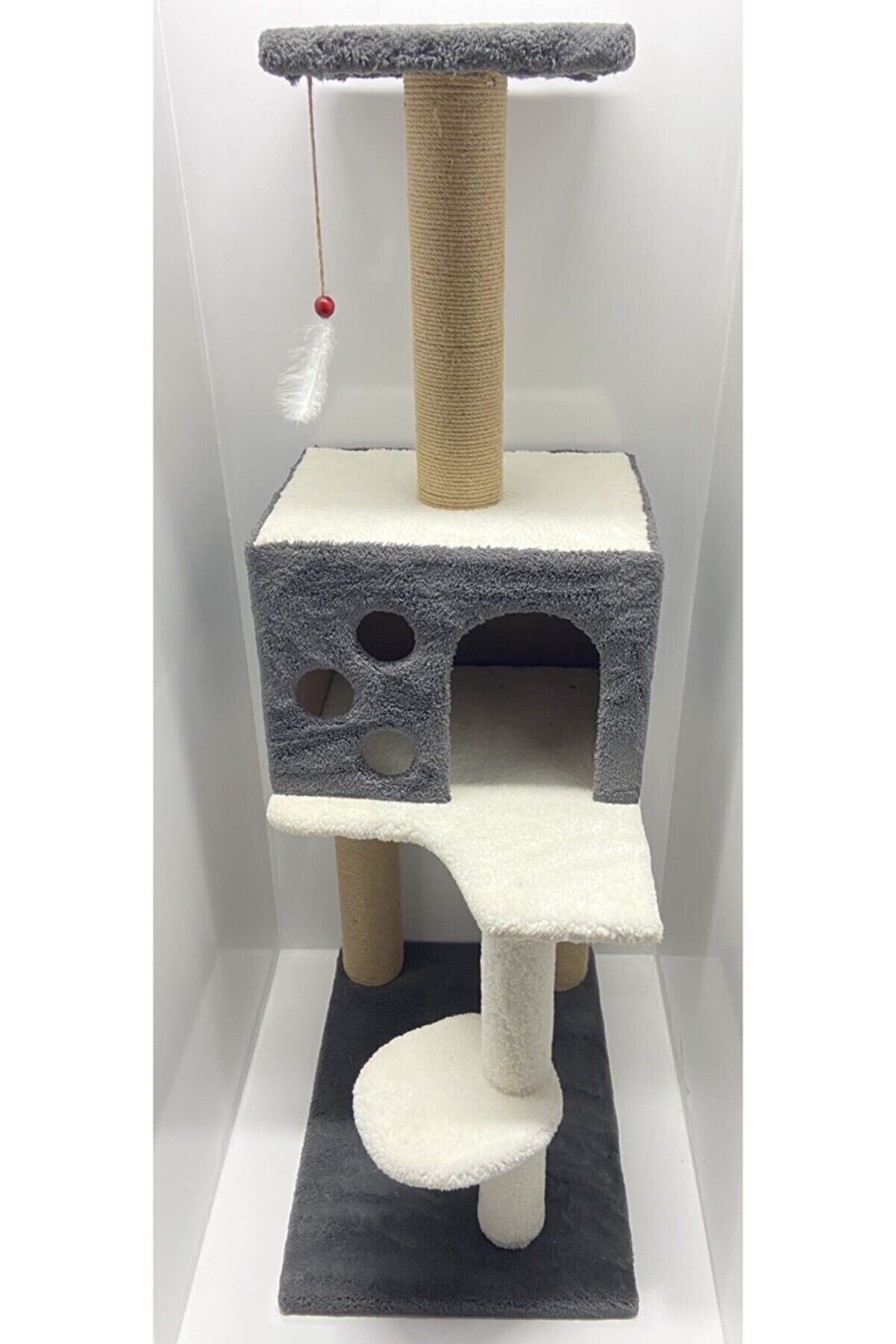 Markapet 3 Katlı Kedi Tırmalama Tahtası + Kedi Evi 40 x 55 x 127 cm Gri