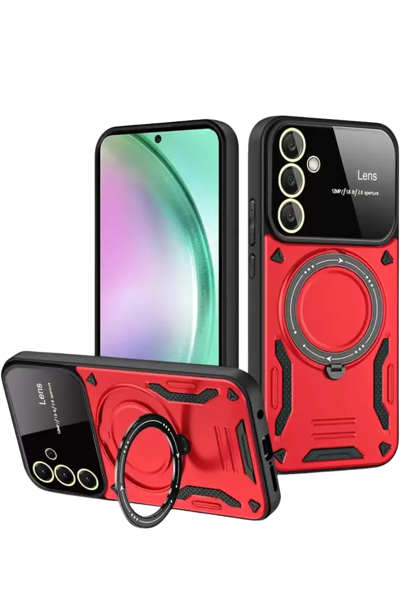 Newface Samsung Galaxy S24 Fe Kılıf Joy Lens Standlı Kapak - Kırmızı