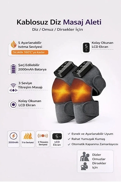 2 Adet Şarjlı Isıtmalı Diz Masaj Aleti – Titreşimli Fizyoterapi Dizlik | Diz Omuz Kol Bacak