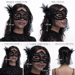 Siyah Dantel Tüllü Peçeli Parti Maskesi - Tüylü İnci Detaylı