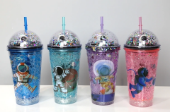 Sevimli Astronot Işıklı Pipetli Pullu Suluk & Bardak 400 Ml Alk3148