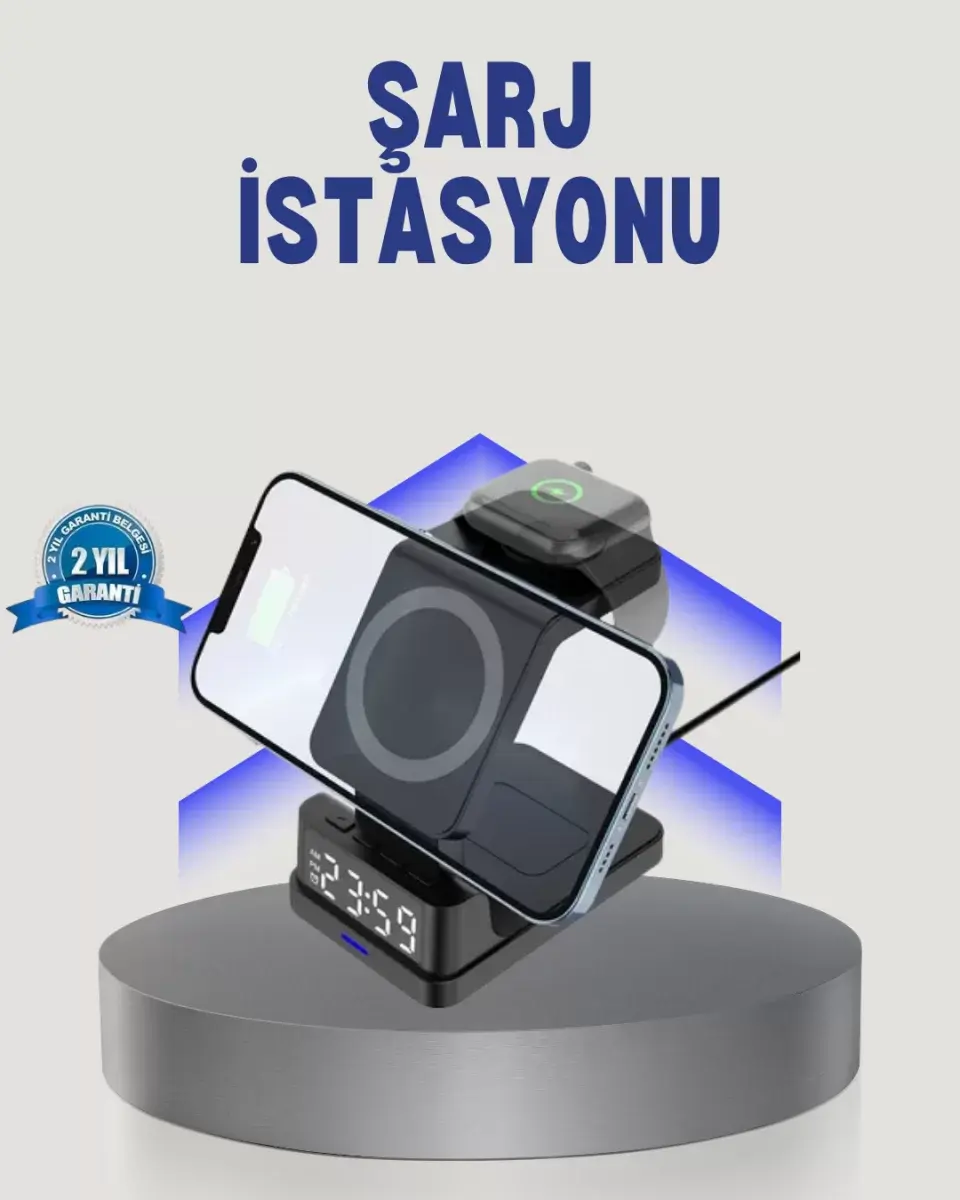Kablosuz Şarj Cihazı Ve Dijital Saat – 4’ü 1 Arada Hızlı Şarj, Apple Uyumlu, Led Işıklı Tasarım