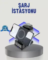 Kablosuz Şarj Cihazı Ve Dijital Saat – 4’ü 1 Arada Hızlı Şarj, Apple Uyumlu, Led Işıklı Tasarım