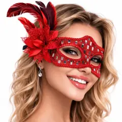 Kırmızı Tüylü Balo Maskesi