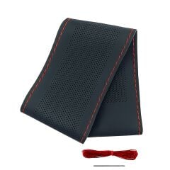 Lüx Desenli Deri Dikme Direksiyon Kılıfı 38-40cm Siyah Kırmızı Dikişli OND378