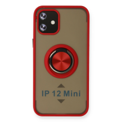 İphone 12 Kılıf Montreal Yüzüklü Silikon Kapak - Kırmızı