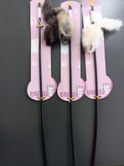 Fareli Kedi Oltası Ahşap Saplı Tüylü Kedi Oyuncağı 40-50 cm Renkli