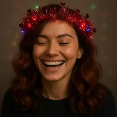 Kalp Püsküllü 3 Modlu Led Işıklı Taç Kırmızı Renk