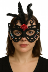 Siyah Renk Siyah Süet Kaplama Tüylü Kelebek Figür Parti Maskesi 24x18 Cm