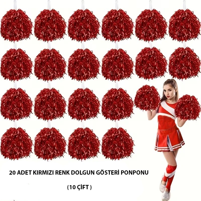 10 Çift ( 20 Adet ) Kırmızı Renk 23 Nisan 19 Mayıs 29 Ekim Okul Gösteri Ponponları