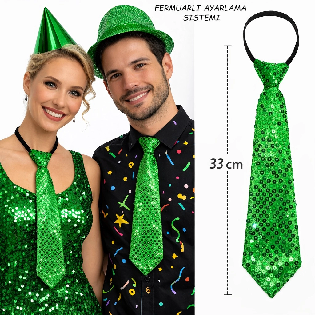 Yeşil Renk Pul Payetli Işıltılı Parti Kravatı 33 Cm