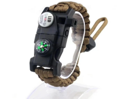 Pusula Fenerli Yüksek Desibel Düdüklü Hayatta Kalma Kamp Bilekliği - Kahverengi