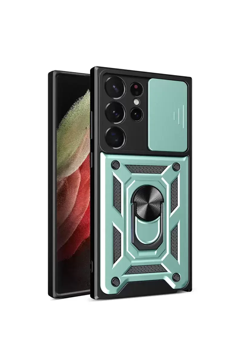 Newface Samsung Galaxy S23 Ultra Kılıf Pars Lens Yüzüklü Silikon - Yeşil