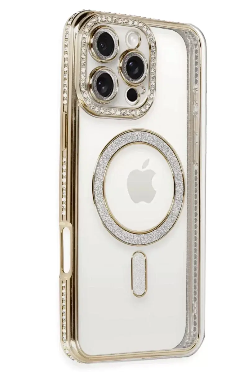 Newface İphone 16 Pro Kılıf Joke Simli Magneticsafe Kılıf - Gold